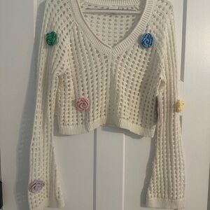 Wild Fable NWT Cream and Green V-Neck Crochet “Sweater” with Playful Accents